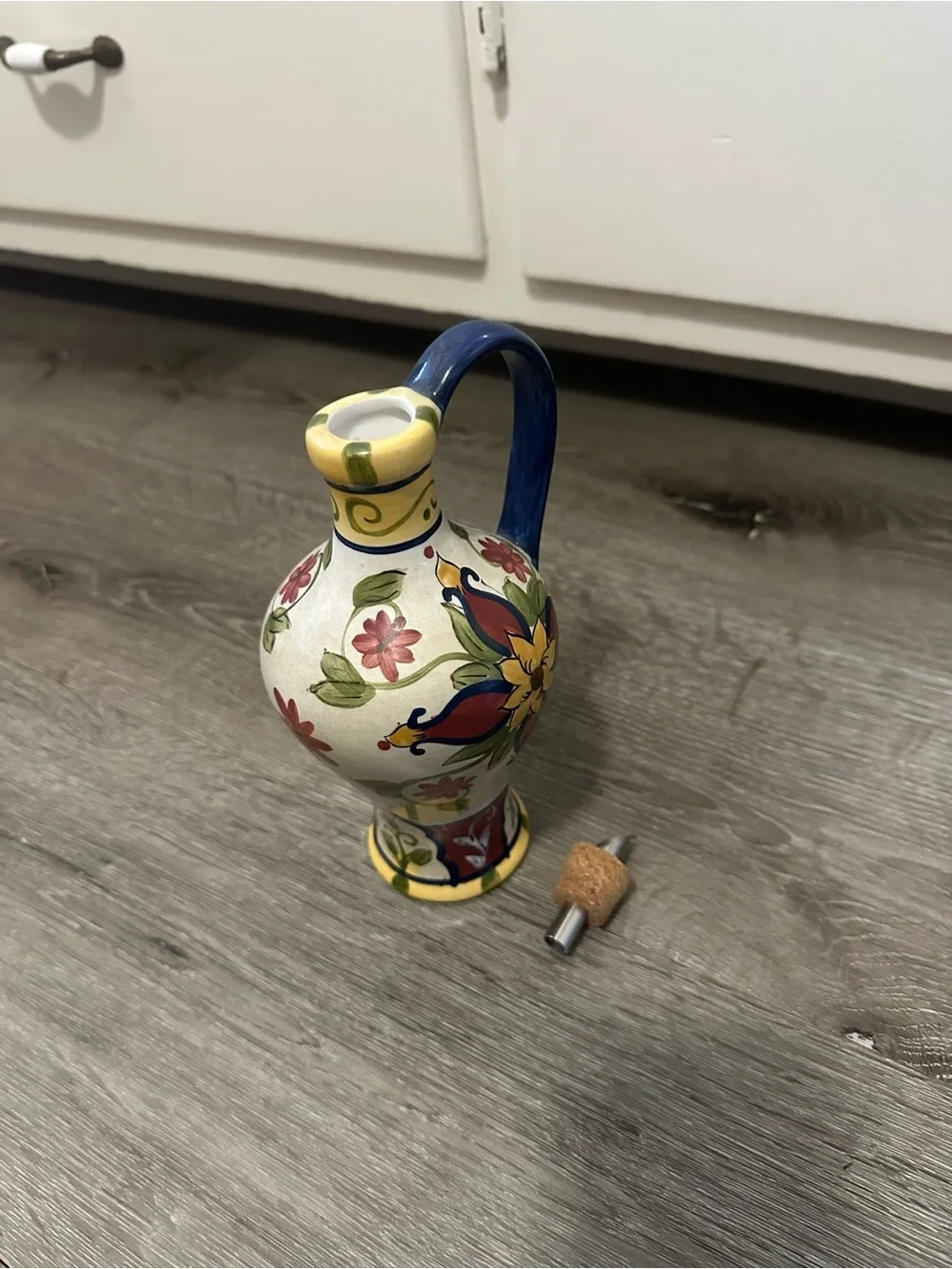 Pier 1 Multicolor Floral Ceramic Oil Cruet with Blue Handle